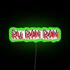 alt text: "Vibrant green neon sign displaying 'Ru-rah-rah!' radiating energy and school spirit.