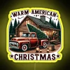 A rustic American Christmas neon sign spelling out "MERRY CHRISTMAS" with RGB lighting effects in yellow.