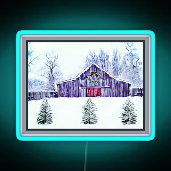 Rustic Barn In Snow RGB Neon Sign