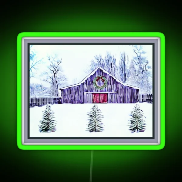 Rustic Barn In Snow RGB Neon Sign