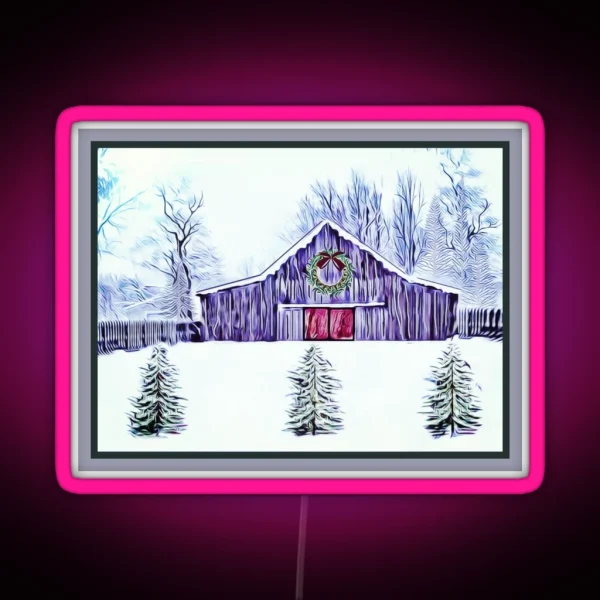 Rustic Barn In Snow RGB Neon Sign