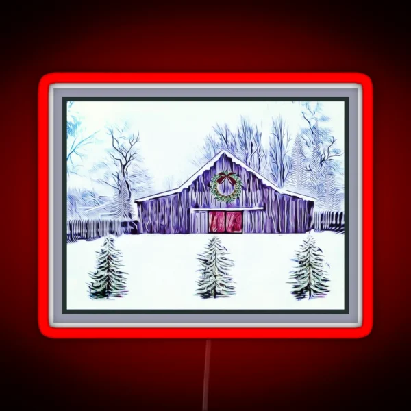 Rustic Barn In Snow RGB Neon Sign
