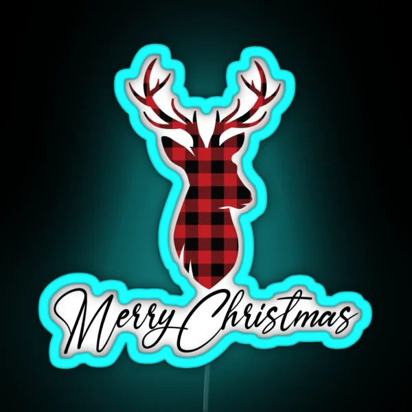 Rustic Buffalo Plaid Deer Bust Merry RGB Neon Sign