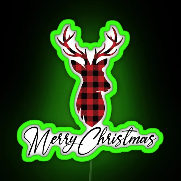 Rustic Buffalo Plaid Deer Bust Merry RGB Neon Sign