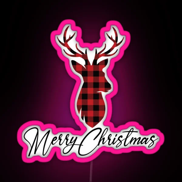 Rustic Buffalo Plaid Deer Bust Merry RGB Neon Sign