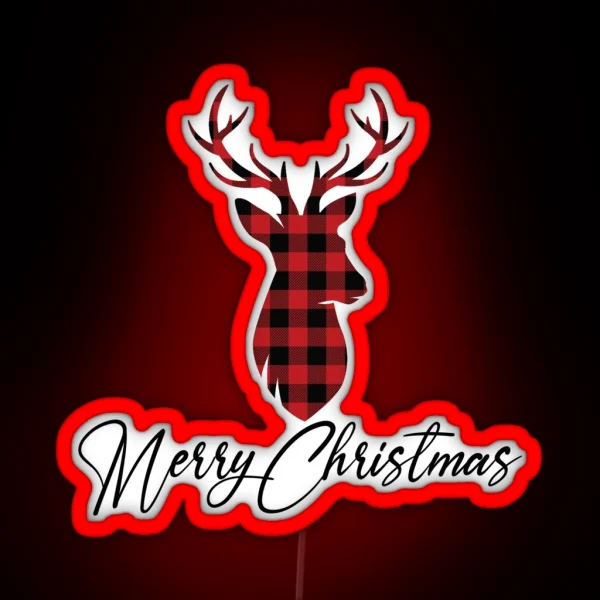 Rustic Buffalo Plaid Deer Bust Merry RGB Neon Sign