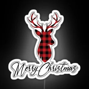 Rustic Buffalo Plaid Deer Bust Merry Christmas Cursive Typography RGB Neon Sign