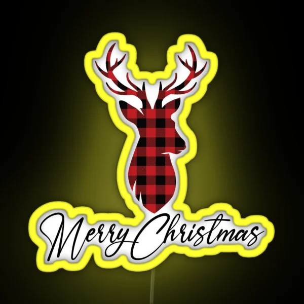 Rustic Buffalo Plaid Deer Bust Merry RGB Neon Sign