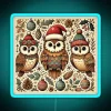 Rustic Christmas Owl In Santa Hat Neon Sign With Festive Decorations.