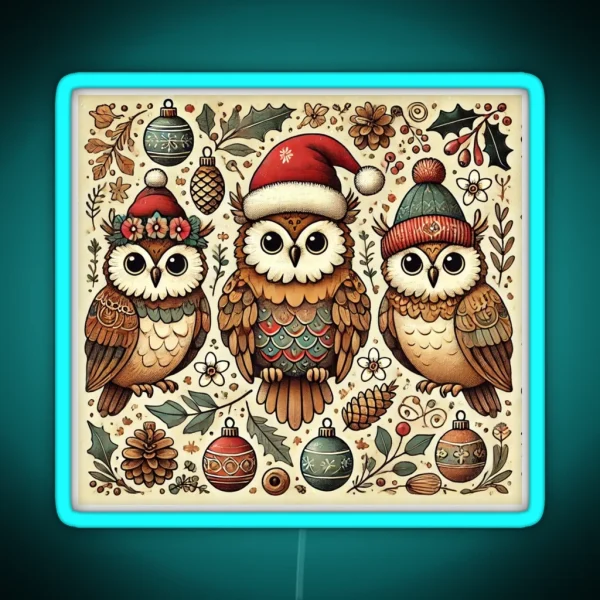 Rustic Christmas Owls In Santas Hats RGB Neon Sign