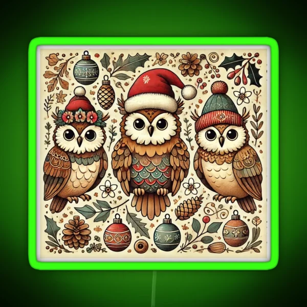 Rustic Christmas Owls In Santas Hats RGB Neon Sign