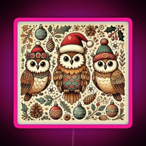 Rustic Christmas Owls In Santas Hats RGB Neon Sign