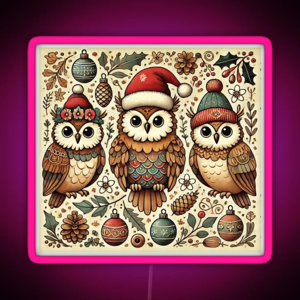 Rustic Christmas Owls In Santas Hats RGB Neon Sign