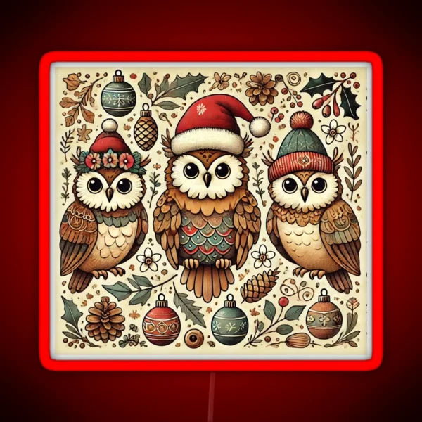 Rustic Christmas Owls In Santas Hats RGB Neon Sign