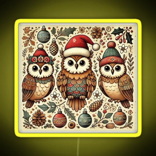 Rustic Christmas Owls In Santas Hats RGB Neon Sign