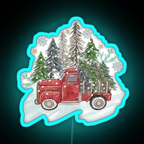 Rustic Christmas Watercolor Truck Trees Snow RGB Neon Sign