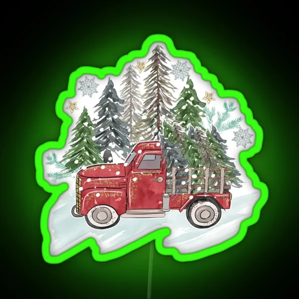 Rustic Christmas Watercolor Truck Trees Snow RGB Neon Sign