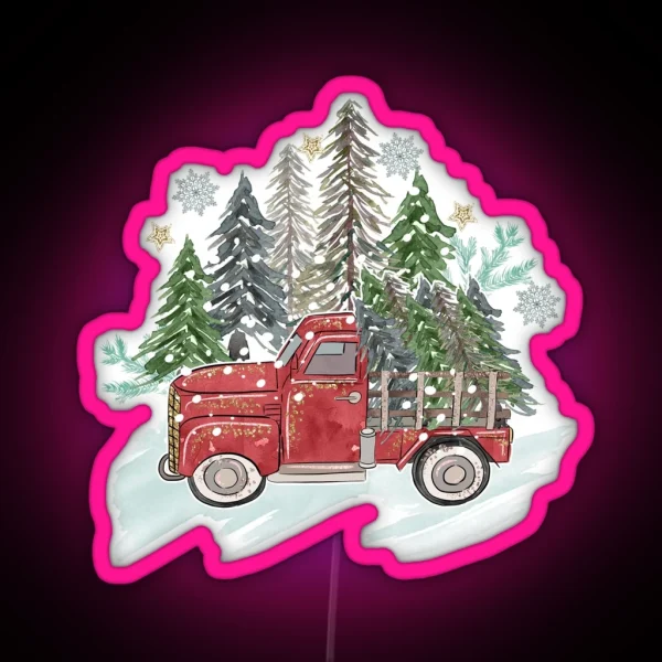Rustic Christmas Watercolor Truck Trees Snow RGB Neon Sign