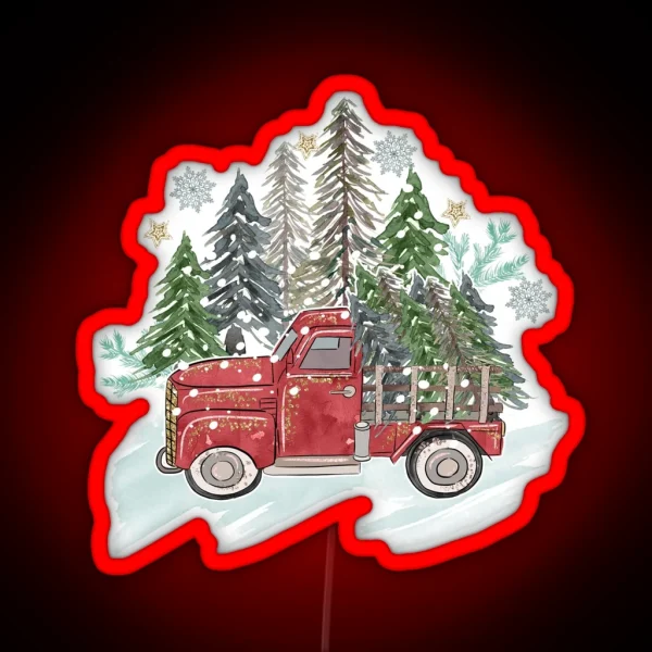 Rustic Christmas Watercolor Truck Trees Snow RGB Neon Sign