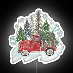 Rustic Christmas Watercolor Truck Trees Snow RGB Neon Sign