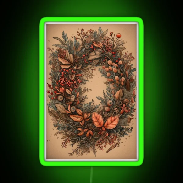 Rustic Christmas Wreath With Dried Flowers And Berries RGB Neon Sign