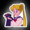 Sailor Moon and Luna the rabbit in a vibrant RGB neon sign design