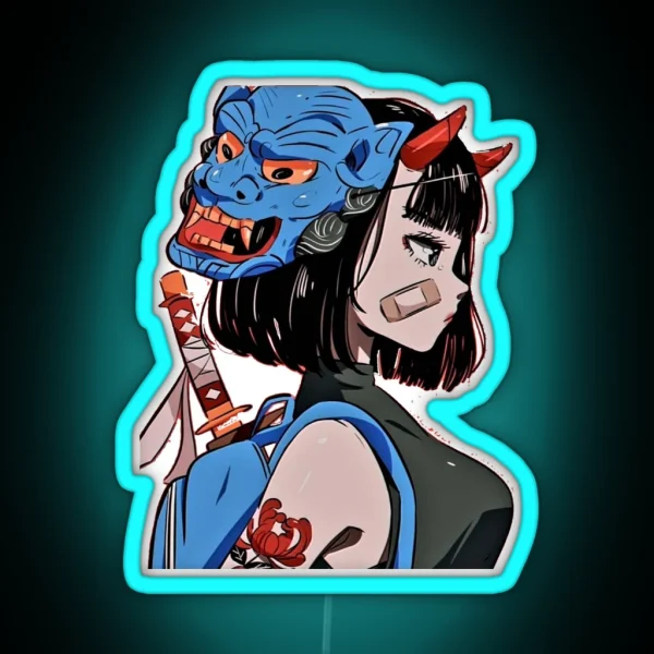 Samurai Girl With Oni Mask RGB Neon Sign