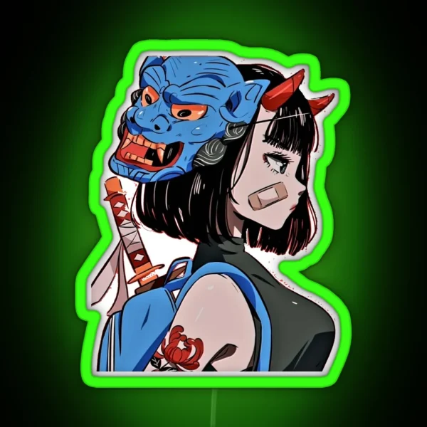 Samurai Girl With Oni Mask RGB Neon Sign