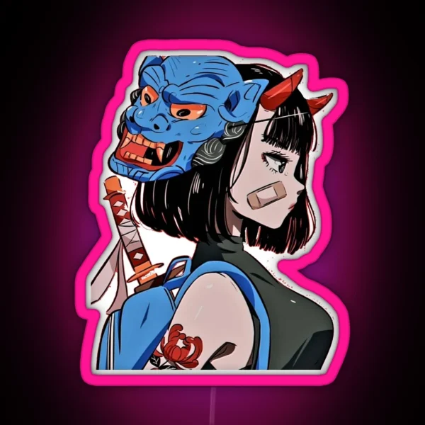 Samurai Girl With Oni Mask RGB Neon Sign