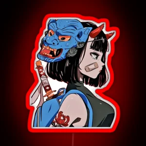 Samurai Girl With Oni Mask RGB Neon Sign