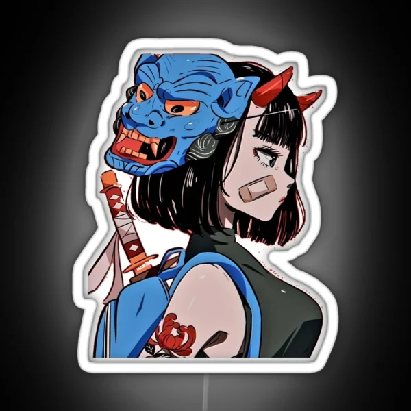 Samurai Girl With Oni Mask RGB Neon Sign