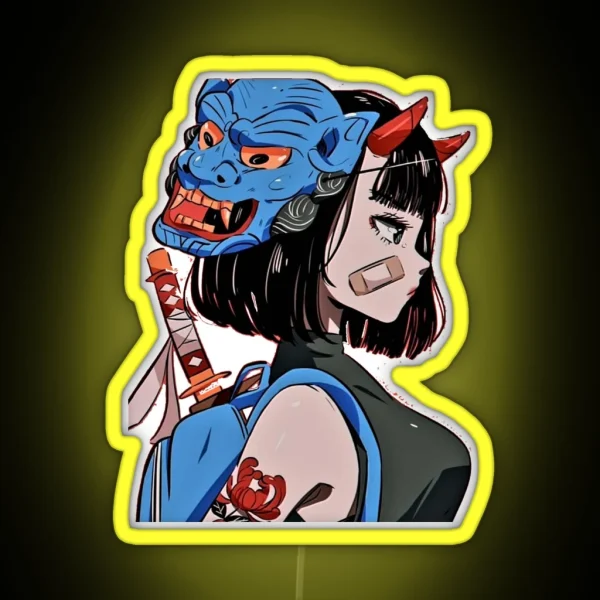 Samurai Girl With Oni Mask RGB Neon Sign