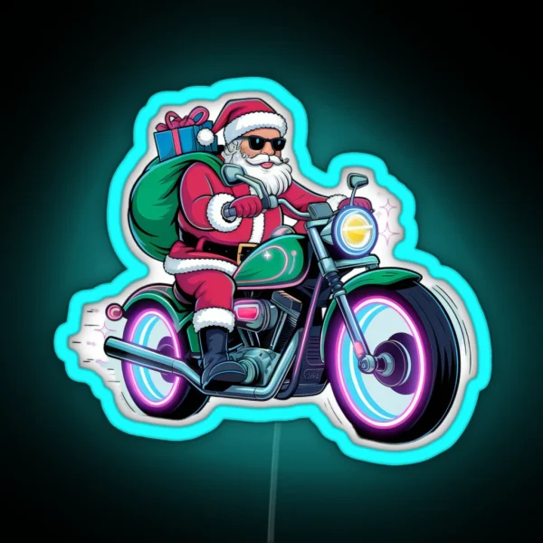 Santa Biker On Green Motorcycle Led RGB Neon Sign