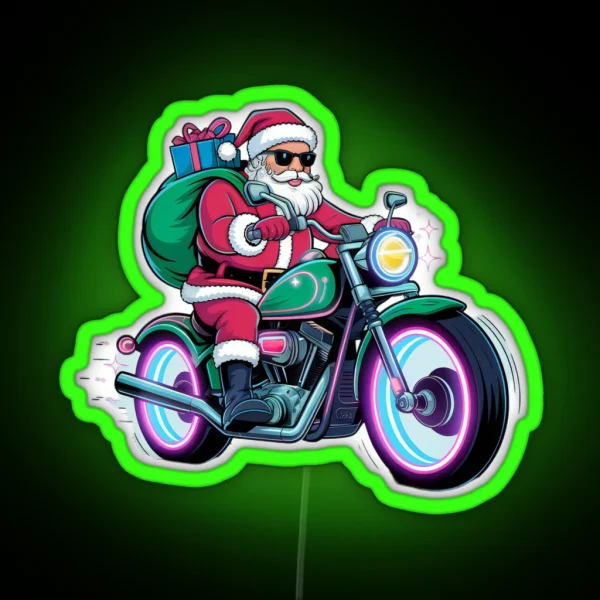 Santa Biker On Green Motorcycle Led RGB Neon Sign