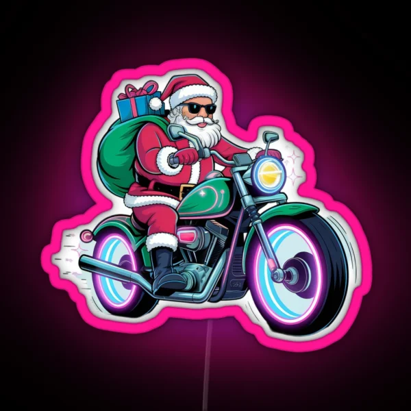 Santa Biker On Green Motorcycle Led RGB Neon Sign