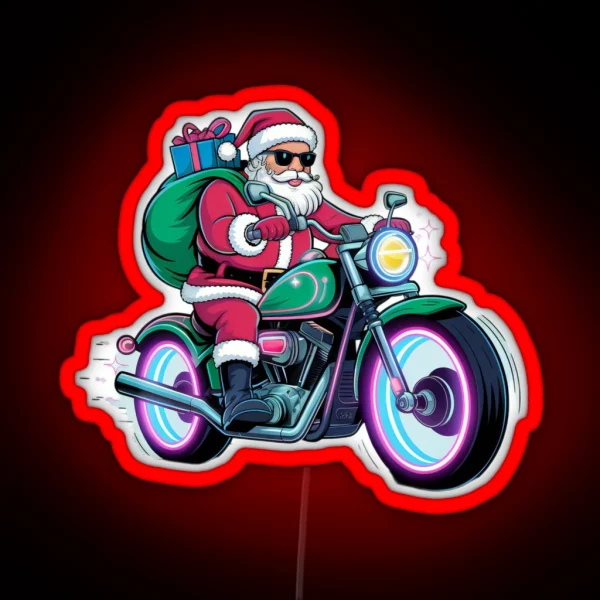 Santa Biker On Green Motorcycle Led RGB Neon Sign