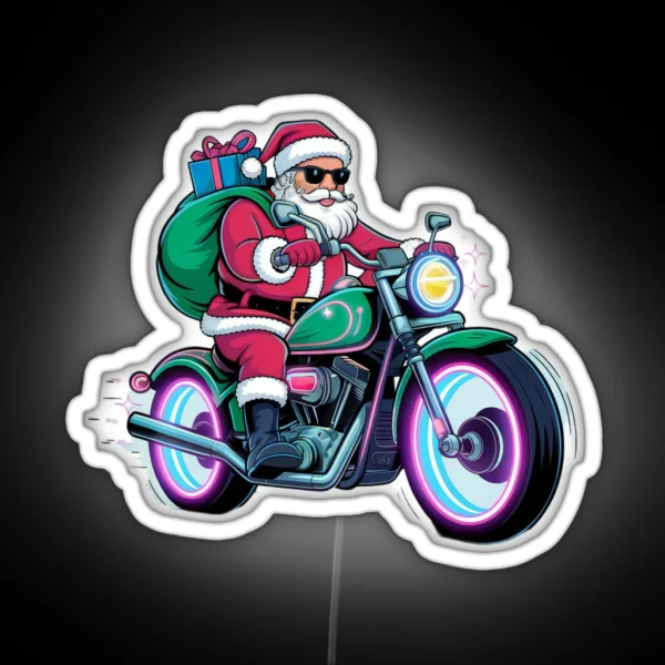 Santa Biker On Green Motorcycle Led RGB Neon Sign
