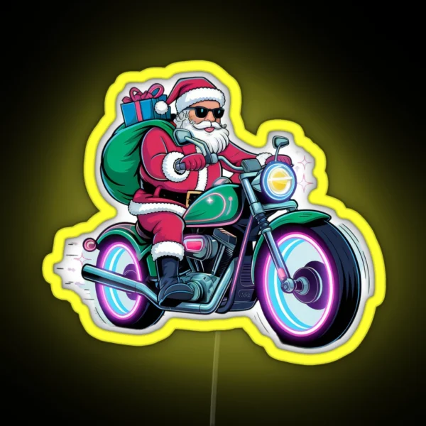 Santa Biker On Green Motorcycle Led RGB Neon Sign
