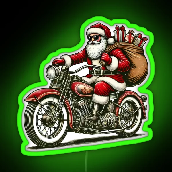 Santa Biker With Gifts Retro Motorcycle Christmas Design RGB Neon Sign