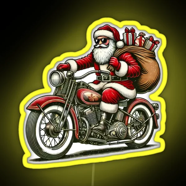 Santa Biker With Gifts Retro Motorcycle Christmas Design RGB Neon Sign