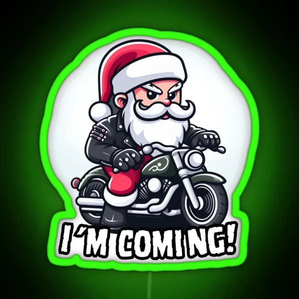 Santa Claus Biker Is Coming Santa On Motorcycle RGB Neon Sign