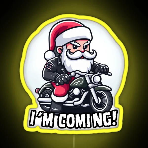 Santa Claus Biker Is Coming Santa On Motorcycle RGB Neon Sign