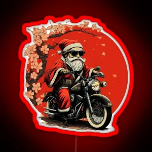 Santa Claus Motorcycle Rider Cool Santa Ride With Sakura Blossoms Fun Christmas Graphic For Bikers RGB Neon Sign