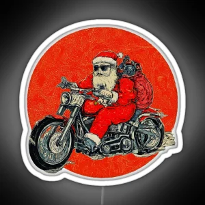 Santa Claus On Motorcycle Christmas Holiday Santa Biker Funny Christmas Santa Motorcycle Rider Graphic Holiday RGB Neon Sign