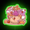 A colorful sapphic frog sitting on a toadstool tea cup with an RGB neon sign, glowing in green tones.