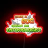 neon sign advocating for bug preservation and featuring an entomologist's mount