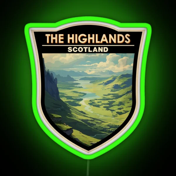 Scottish Highlands Scotland Travel Art Badge RGB Neon Sign
