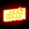 RGB neon sign displaying seagulls in vibrant red colors
