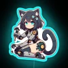Anime-style self-repairing cyborg catgirl with an RGB neon blue sign.