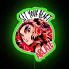 Anime quote 'Set Your Heart Ablaze' in vibrant RGB neon sign with green glow.